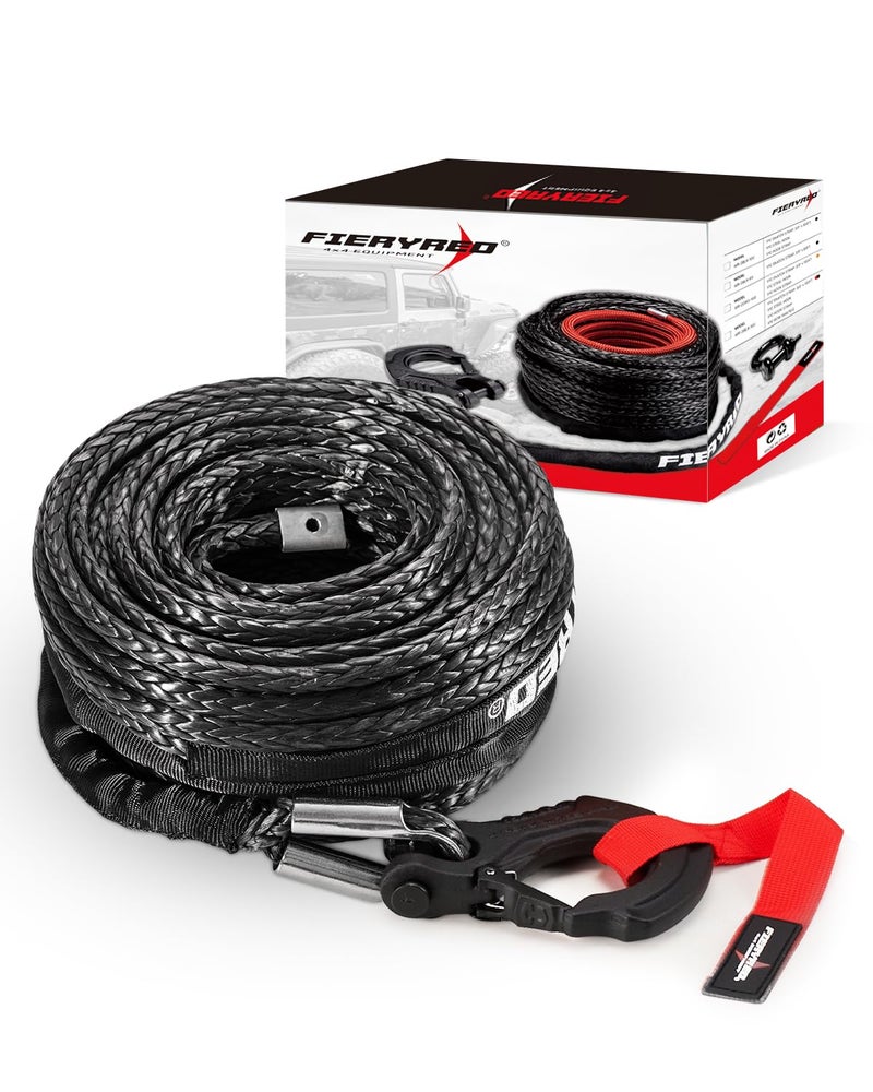 FieryRed Synthetic Winch Rope Cable Kit 3/8inch 100FT 26500lbs Winch Line Replacement with Forged Hook Protective Sleeve for 4WD Off-Road Vehicle SUV, Black - Image 1